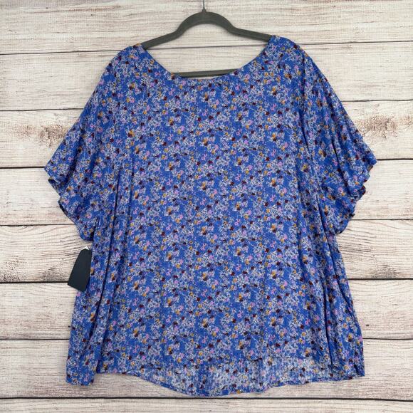 Melrose and Market Floral V-Neck Tie Front Blouse Women's 2X Blue NEW - Picture 2 of 10